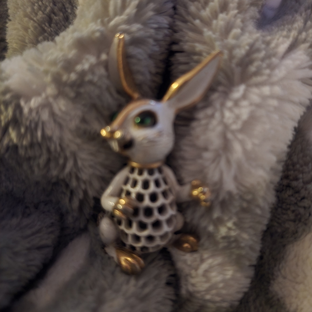 Trifari White and Gold Rabbit Brooch with Green Eye